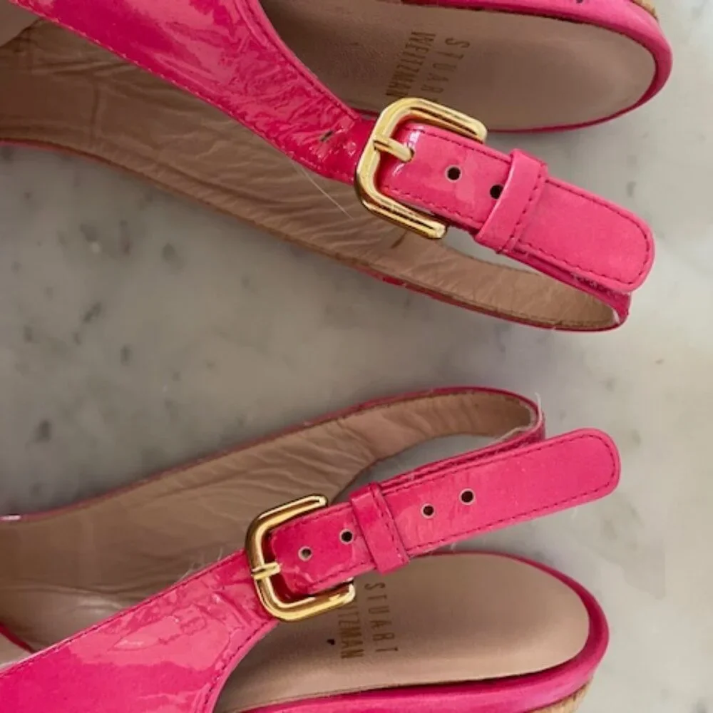 STUART WEITZMAN Jenny Fuchsia Peep Toe Sling Back Cork Wedge 6M